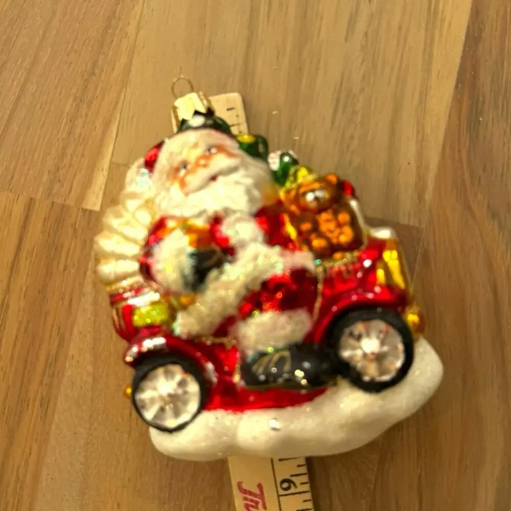 Lg Santa Riding Vintage Car Jalopy Glass Ornament w/Tree Teddy Bear‎ 5.5
